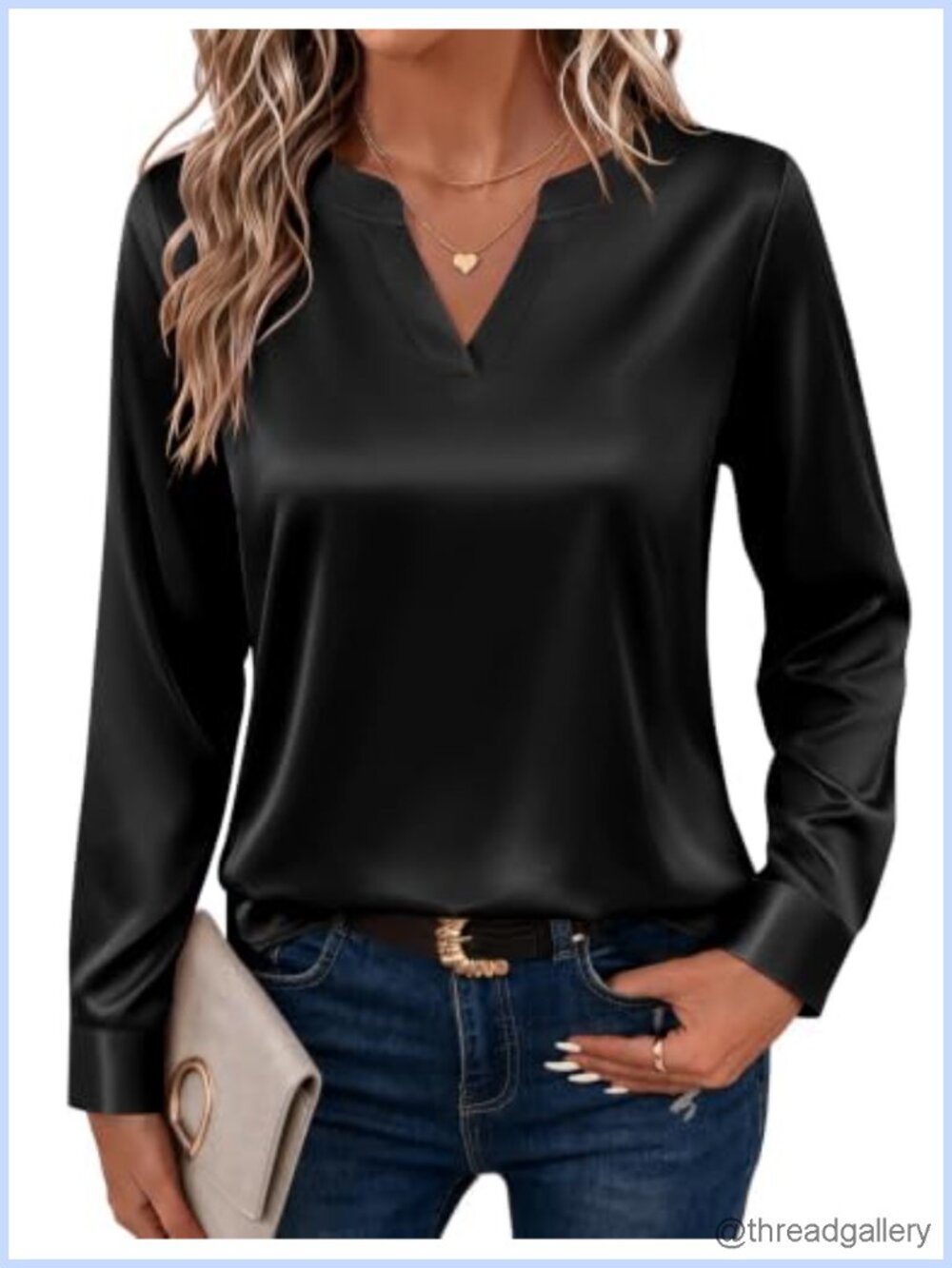 Satin V-Neck Blouse Long Sleeve Button Cuff